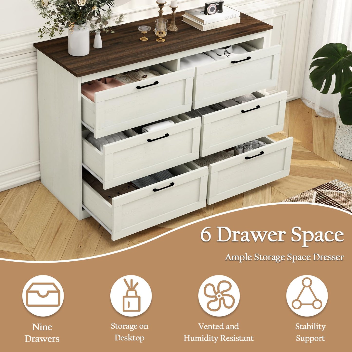 Vikiullf 6 Drawer Dresser - Farmhouse Dresser for Bedroom, Wooden Chest of Drawers, Storage Drawers for Bedroom, Living Room, Hallway, Entryway Organizer, Rust Oak White