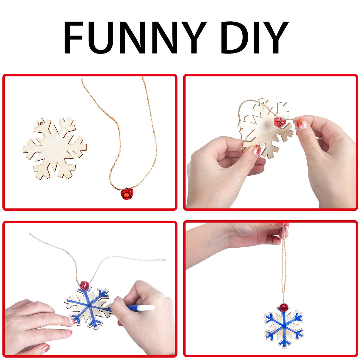 Besteek Home 158 Pcs Wooden Christmas Ornaments Unfinished, 50 Pcs Wood Slices in 10 Shape Christmas Crafts with Bells, Twine&Pens DIY Wooden Christmas Ornaments Besteek Home