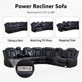 Ocstta Leather Power Recliner Sectional Sofa with LED, Power Reclining Sectional Couch, Breathing Leather Sofa Couch with USB Port&Cup Holder for Living Room (Living Room Set,Black) Ocstta