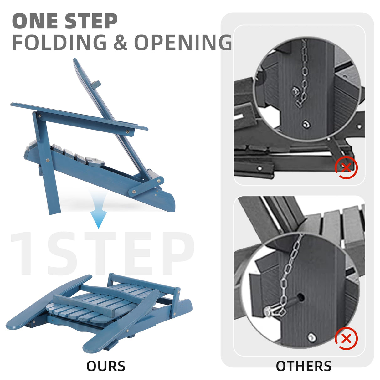 Wooden Outdoor Folding Adirondack Chair with Ottoman, Pre-Assembled BackRest & SeatBoard, Wood Patio Chair for Garden Backyard Porch Pool Deck Firepit SoliWood