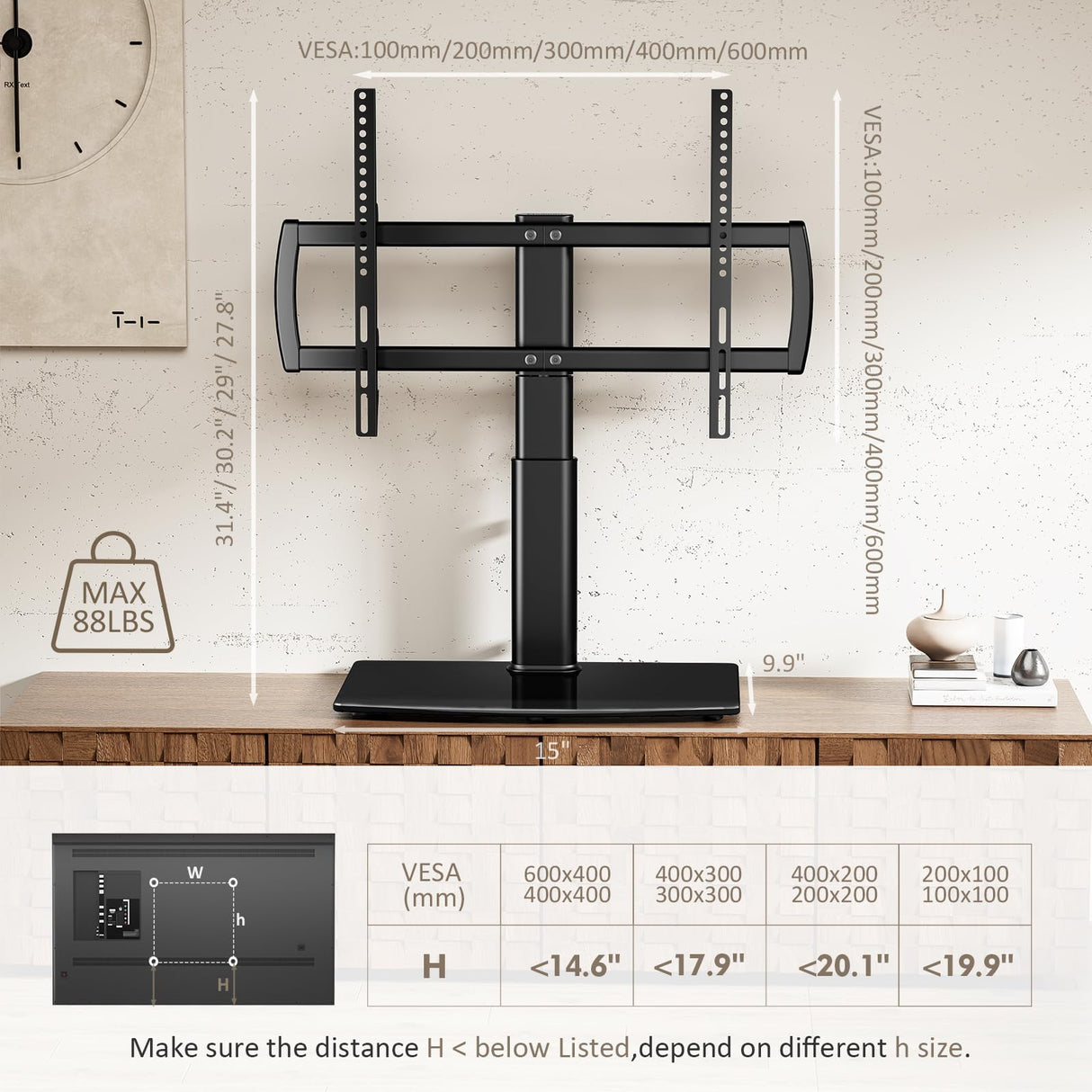 Universal Swivel TV Stand/Base Table Top TV Stand 32 to 65 inch TVs 80 Degree Swivel, 4 Level Height Adjustable, Heavy Duty Tempered Glass Base, Holds up to 88lbs Screens, HT04B-002 Hemudu