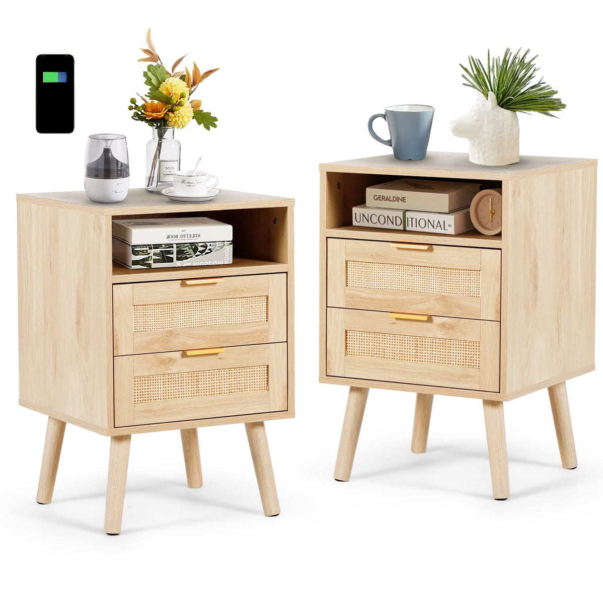 AILEEKISS Rattan Nightstands Set of 2 with Wireless Charging Station Modern Bedside Tables with Solid Wood Feet Night Stands Set of 2 with Drawers and Open Storage Shelf for Bedroom (Natural 2 Sets) AILEEKISS