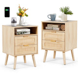 AILEEKISS Rattan Nightstands Set of 2 with Wireless Charging Station Modern Bedside Tables with Solid Wood Feet Night Stands Set of 2 with Drawers and Open Storage Shelf for Bedroom (Natural 2 Sets) AILEEKISS