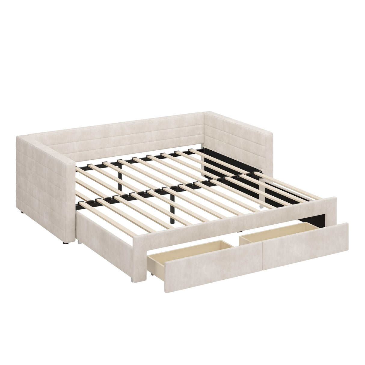 Twin Size Upholstered Extendable Daybed Frame with Trundle, Space-Saving Twin to King Design, Chenille Fabric Sofa Bed with Storage Drawers for Living Room Guest Room, Beige Merax