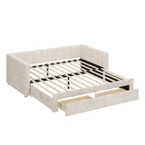 Twin Size Upholstered Extendable Daybed Frame with Trundle, Space-Saving Twin to King Design, Chenille Fabric Sofa Bed with Storage Drawers for Living Room Guest Room, Beige Merax