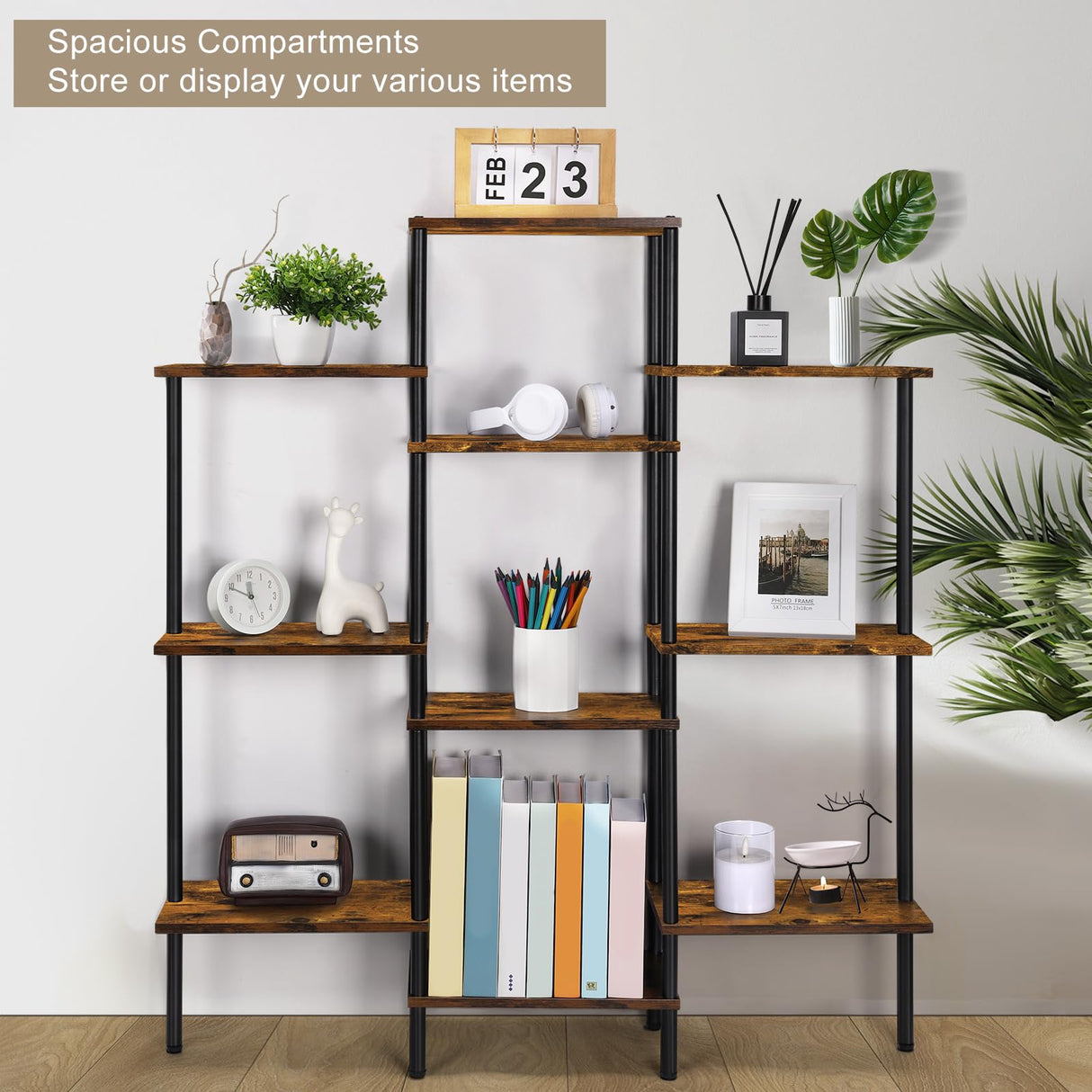 Shinoske 4-Tier Bookshelf,Small Triple Wide Bookcase for Books,CDs,Movies,Display Shelf with 10 Open Shelves for Living Room,Home Office,Balcony,Rustic Brown Shinoske