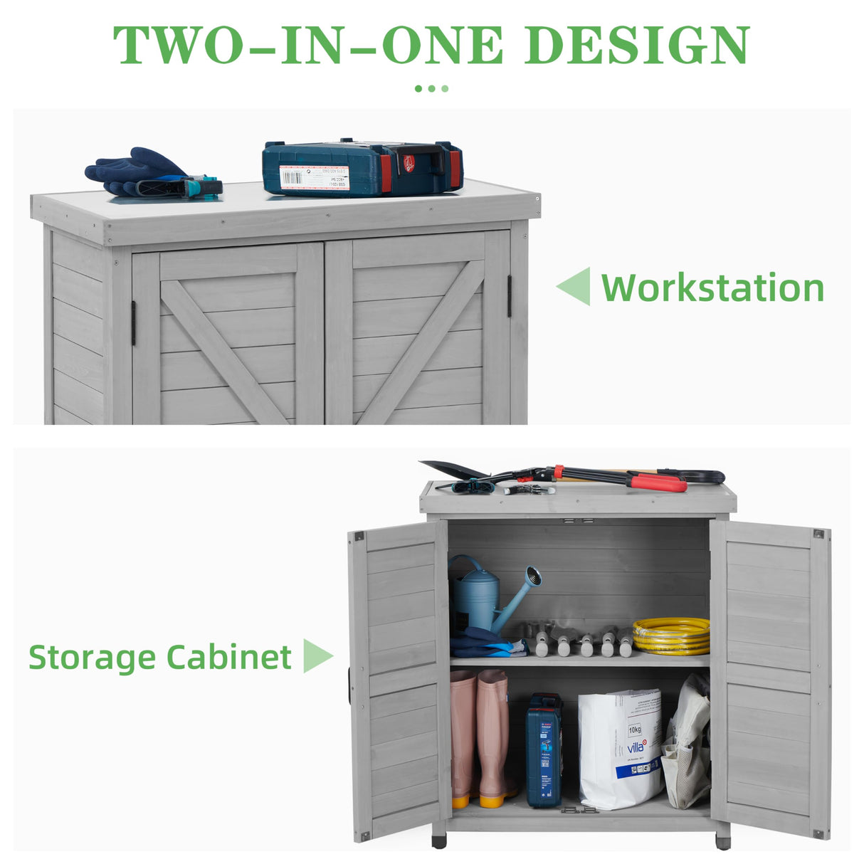 Outdoor Potting Bench with Storage Cabinet and Metal Top, Wood Workstation for Outdoor Patio, Garden (Classic Grey, 31x17x36‘’) Wood-Natrl