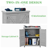 Outdoor Potting Bench with Storage Cabinet and Metal Top, Wood Workstation for Outdoor Patio, Garden (Classic Grey, 31x17x36‘’) Wood-Natrl