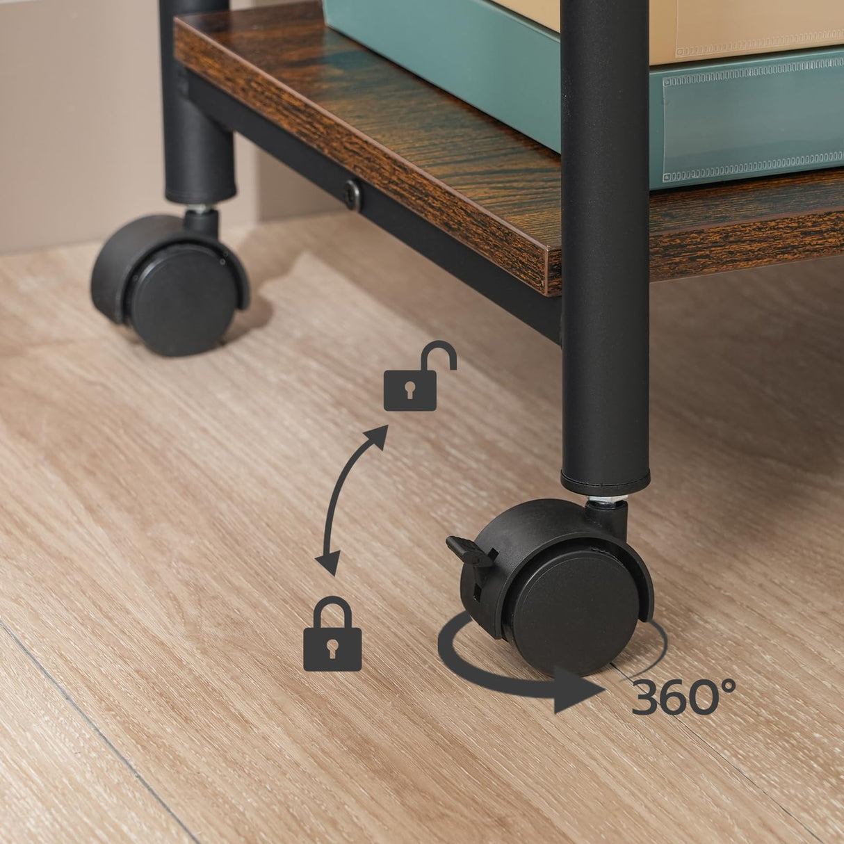 HOOBRO Printer Stand, 2-Tier Industrial Under Desk Printer Cart with Shelf, Mobile Heavy Duty Storage Rack on Wheels for Home, Office, Rustic Brown and Black BF02PS01G1 HOOBRO