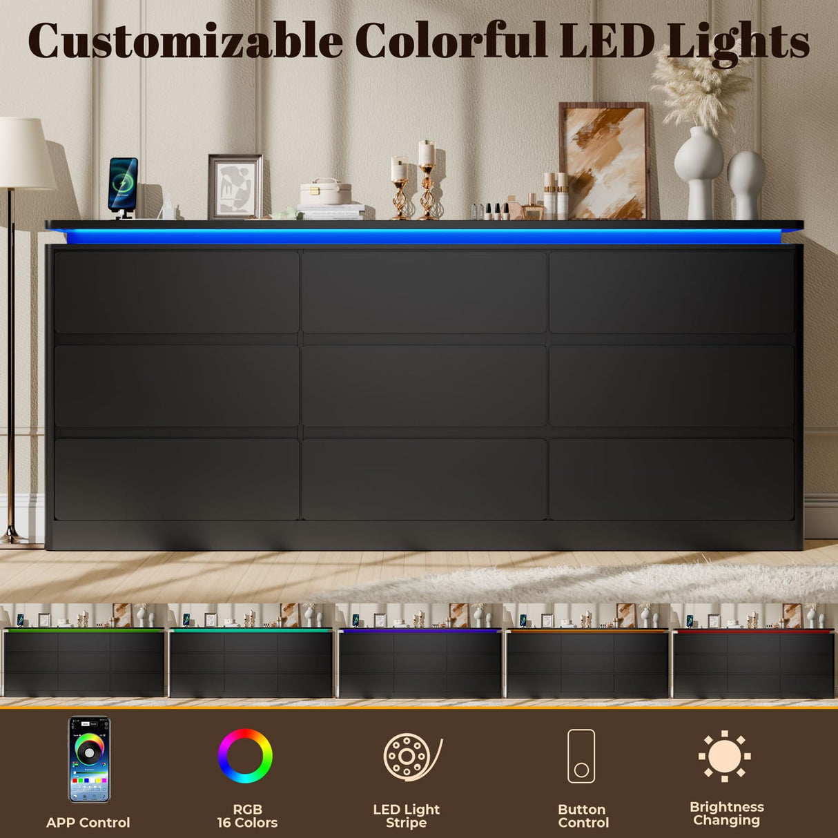 9 Drawer Dresser for Bedroom, 63" Long Black Chest of Drawers with Charging Station & LED Lights, Curved Anti-Collision Design,Wooden Closet Storage Cabinet,Modern Dresser TV Stand with Deep Drawers Gyfimoie