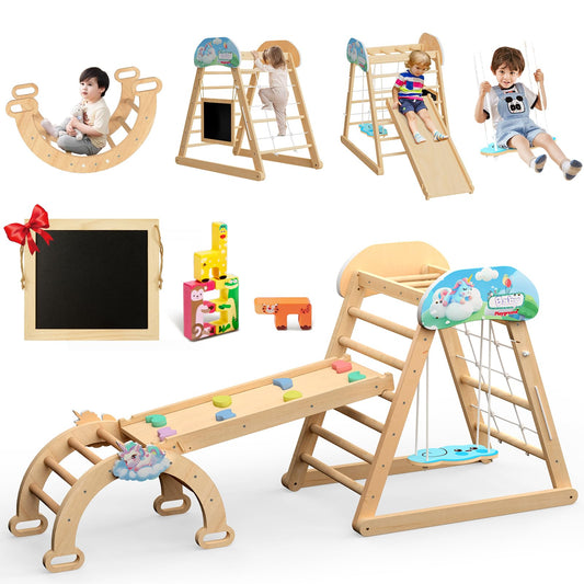 HAFTKD Pikler Triangle Set, 10 in 1 Wooden Climbing Toys for Toddlers, Montessori Indoor Climbing Ladder Gym with Slides, Climbing/Net, Arch Swing