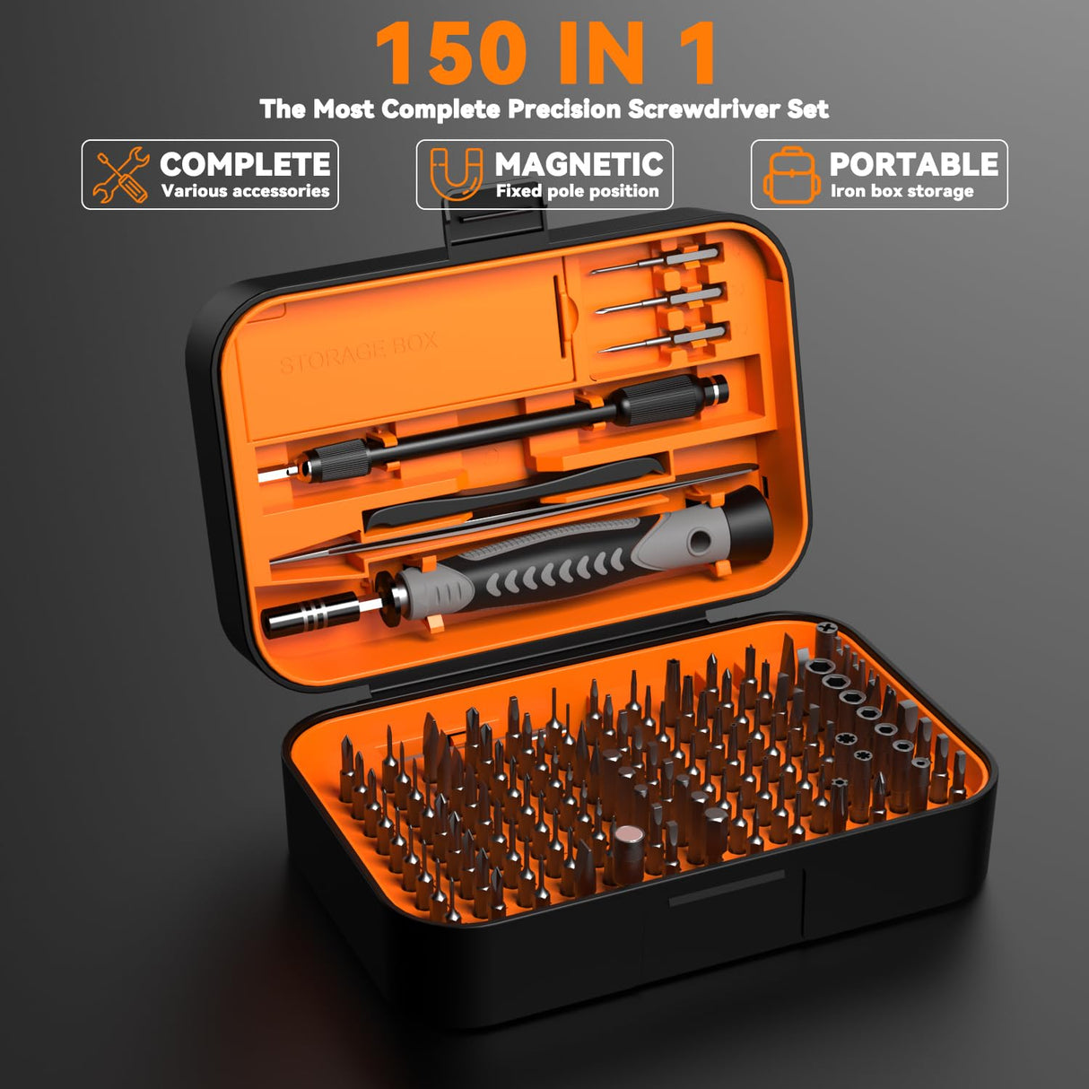 150 IN 1 Precision Screwdriver Set, 120 Bits Full Range Small Screwdriver Set, Magnetic Mini Repair Tool Kit for Ring Doorbell, Laptop, Switch, PS5, Xbox, Macbook, iPhone, Watch, Glasses - Orange Cazeyoo