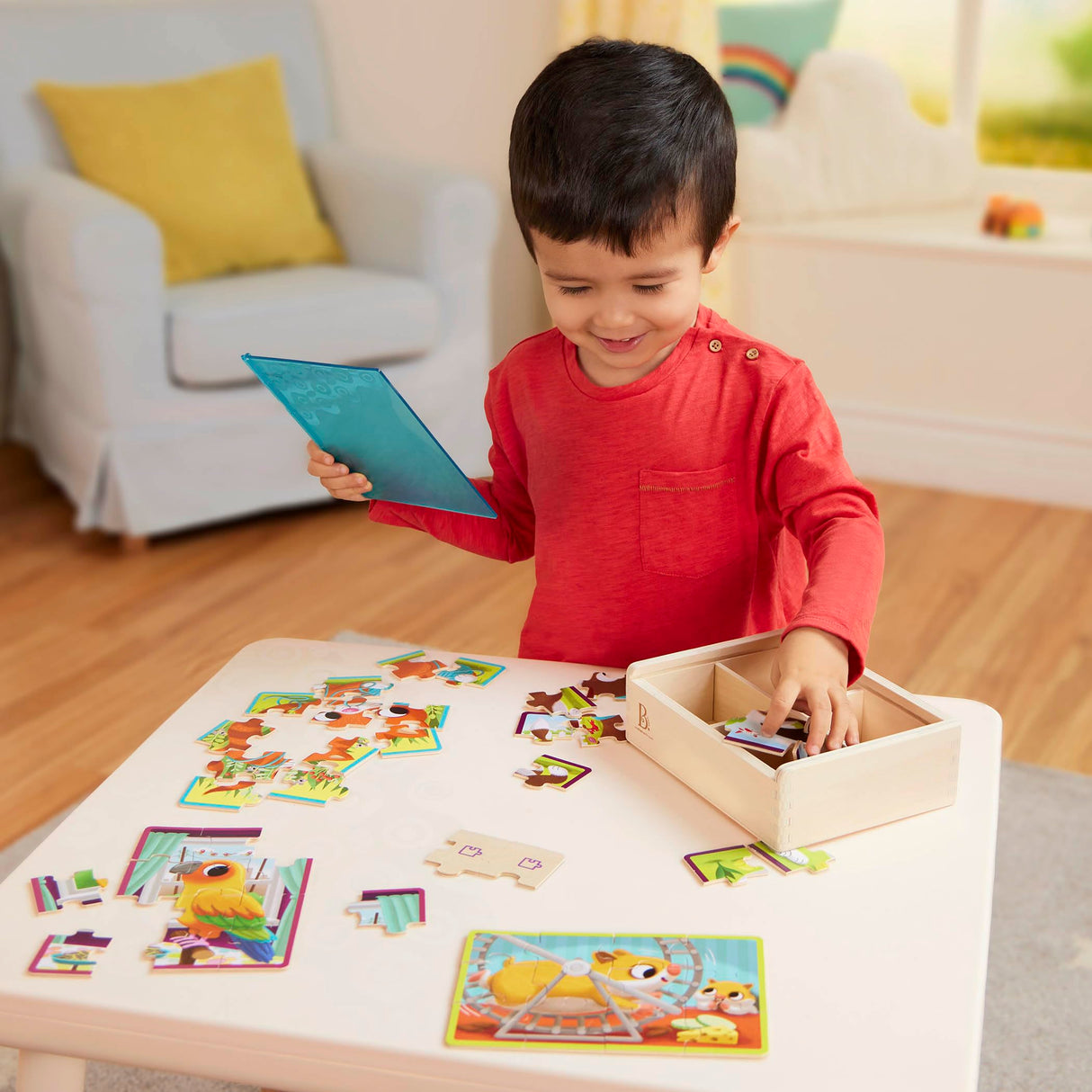 B. toys- Pack o' Puzzles 2-Pack - Pets & Dinos- Wooden Puzzle Box Set – 2 Puzzle Boxes, 8 Puzzles- 12-Piece Jigsaw Puzzles for Kids – 3 Years + B. toys