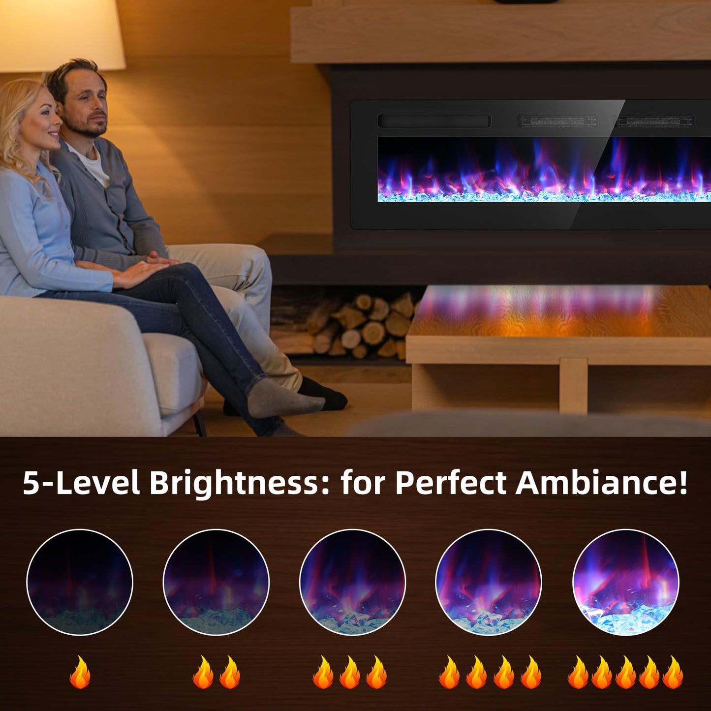 BREEZEHEAT 72 inch Electric Fireplace Wall Mounted/Freestanding-Ultra Thin Fireplace Inserts for Living Room with Heater, Remote Control, Touch Screen, Led Flame, 8H Timer, 750w/1500w