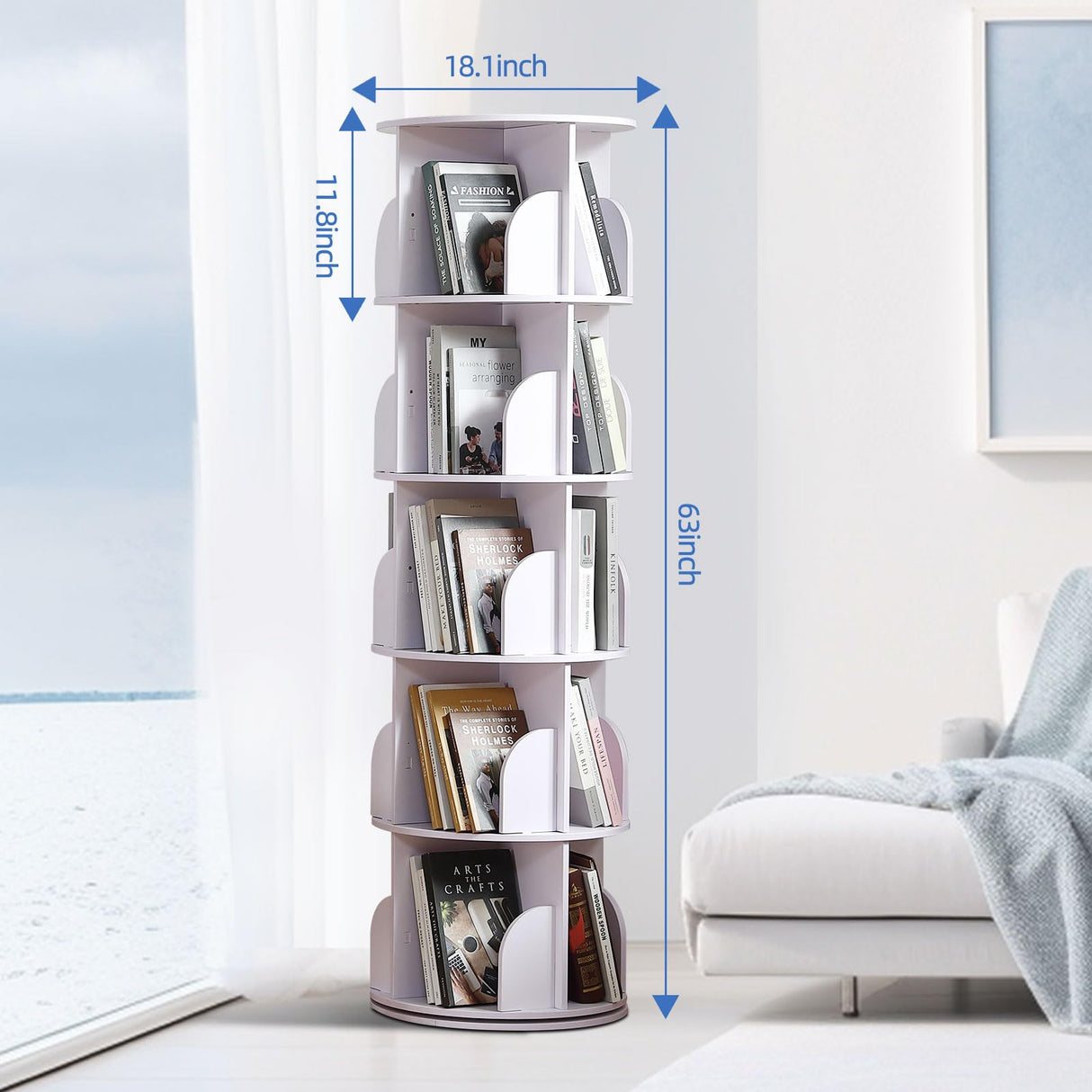 Rotating Bookshelf Tower, 360 Display Spinning Bookshelf, PVC Narrow Book Shelf Organizer, Corner Floor Standing Bookcase for Bedroom, Living Room, Study Room, Small Space (5 Tier) Buzleer