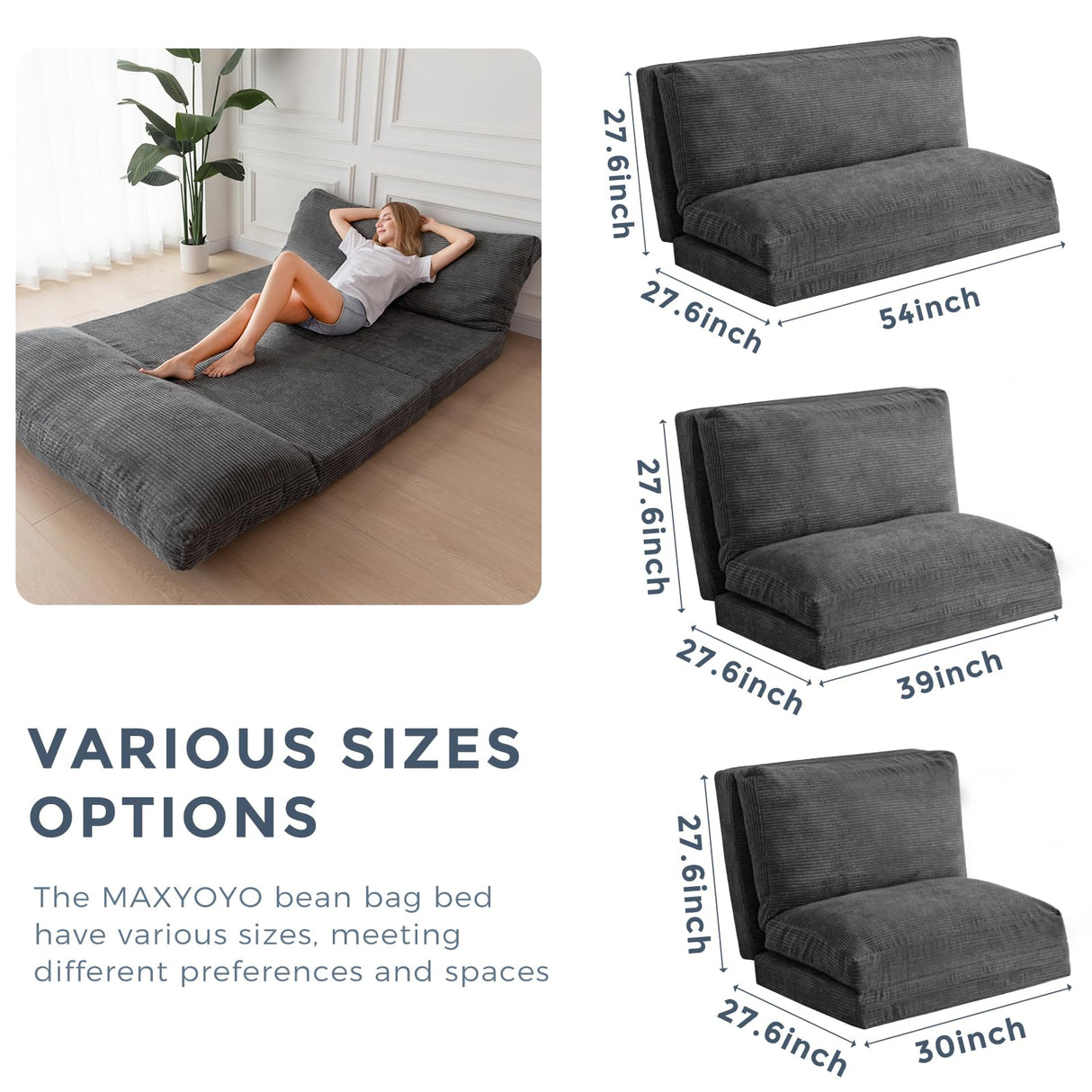 MAXYOYO Bean Bag Bed Folding Sofa Bed Floor Mattress for Adults, Extra Thick and Long Floor Sofa with Corded Washable Cover, Dark Grey, 54x95 Inch MAXYOYO