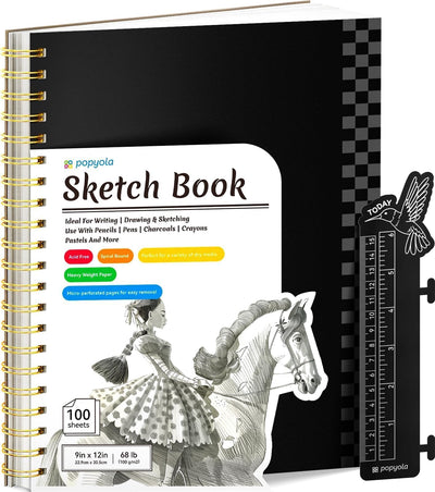 9" x 12" Sketch Book with Bookmark Ruler, 100 Sheets Spiral Sketchbook for Drawing (68lb/100gsm), Acid Free Sketch Pad Artist Sketching Drawing Paper for Kids Teens Adults Artists, 1 Pack
