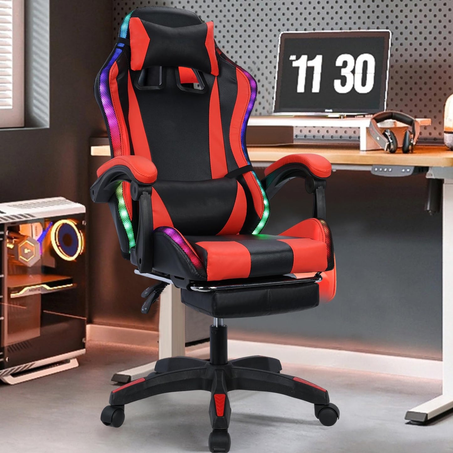 Gaming Chair and RGB LED Lights,Ergonomic Computer Chair with Bluetooth-Compatible Speakers,Height Adjustable Massage Computer Chair,Video Game Chair High Back with Lumbar Support (Red)