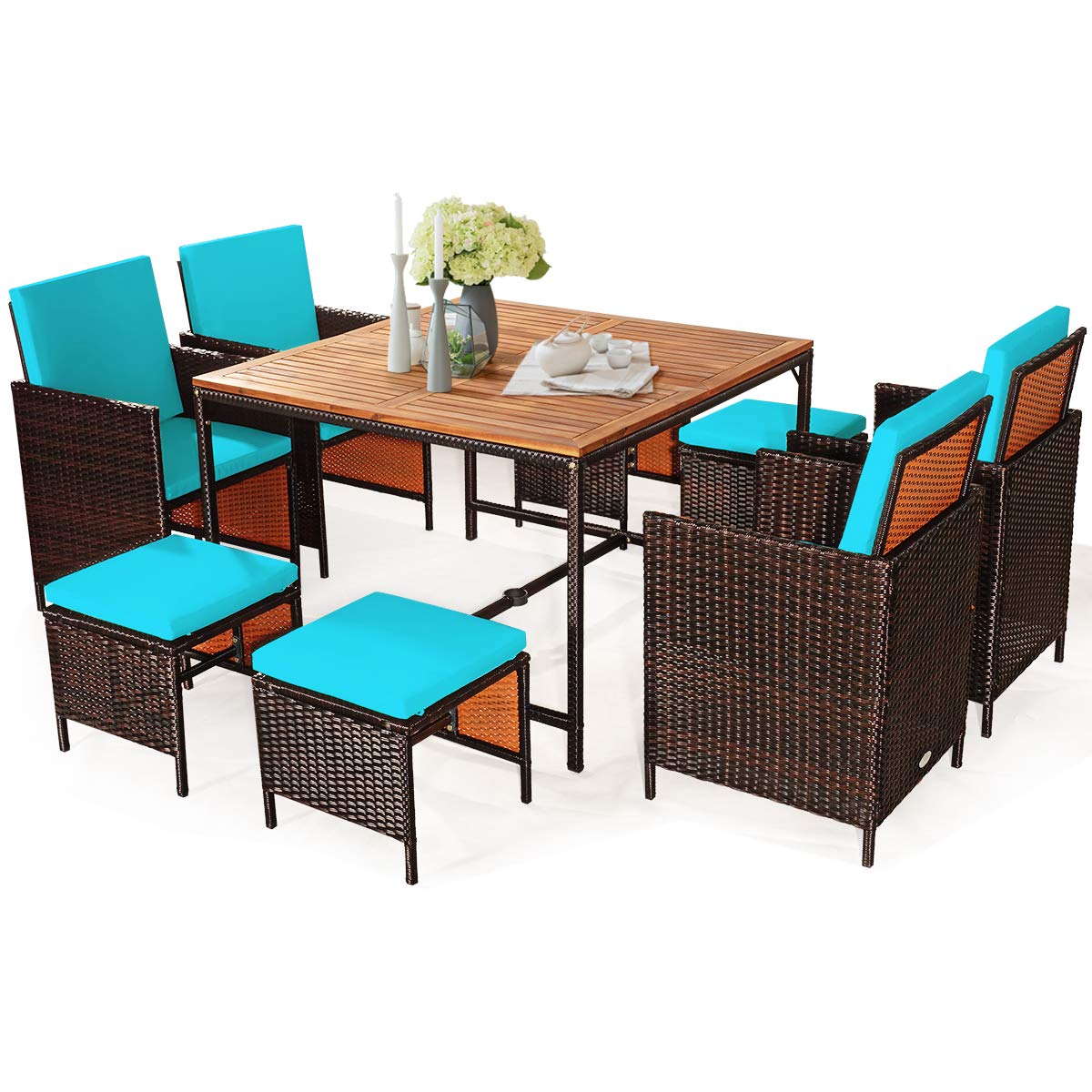 COSTWAY 9PCS Patio Rattan Dining Set Cushioned Chairs Ottoman Wood Table Top Turquoise - WoodArtSupply