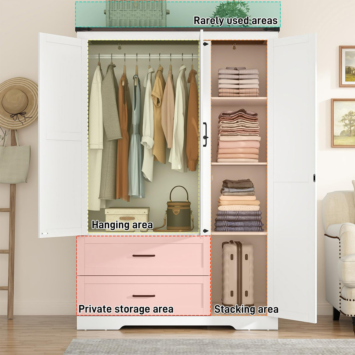 St.Mandyu Farmhouse Wardrobe Armoire Closet with 3 Doors and 2 Drawers, 70.1" Wooden Clothing Storage Cabinet, Freestanding Large Capacity Storage Wardrobe Armoire with Hanging Rod for Bedroom, White St.Mandyu