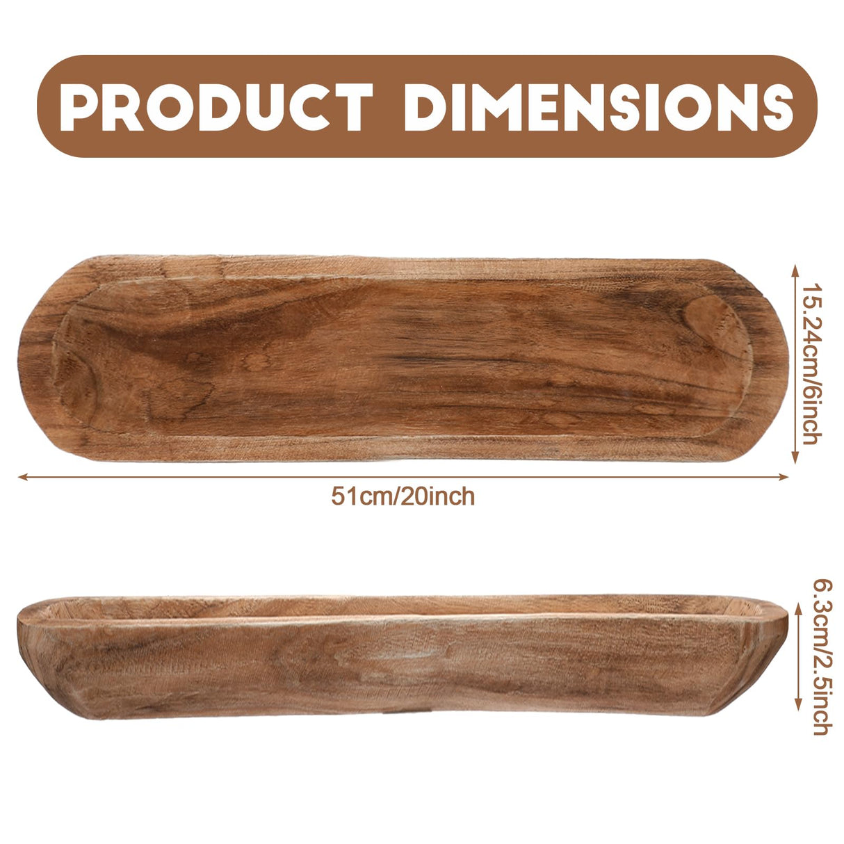 Xaatren Large Wooden Dough Bowl Decorative Wooden Bowl Rustic Long Dough Bowls Decor for Farmhouse Home Dining Table Centerpiece Living Room Kitchen Decorations(20 x 6 Inch,Brown) Xaatren