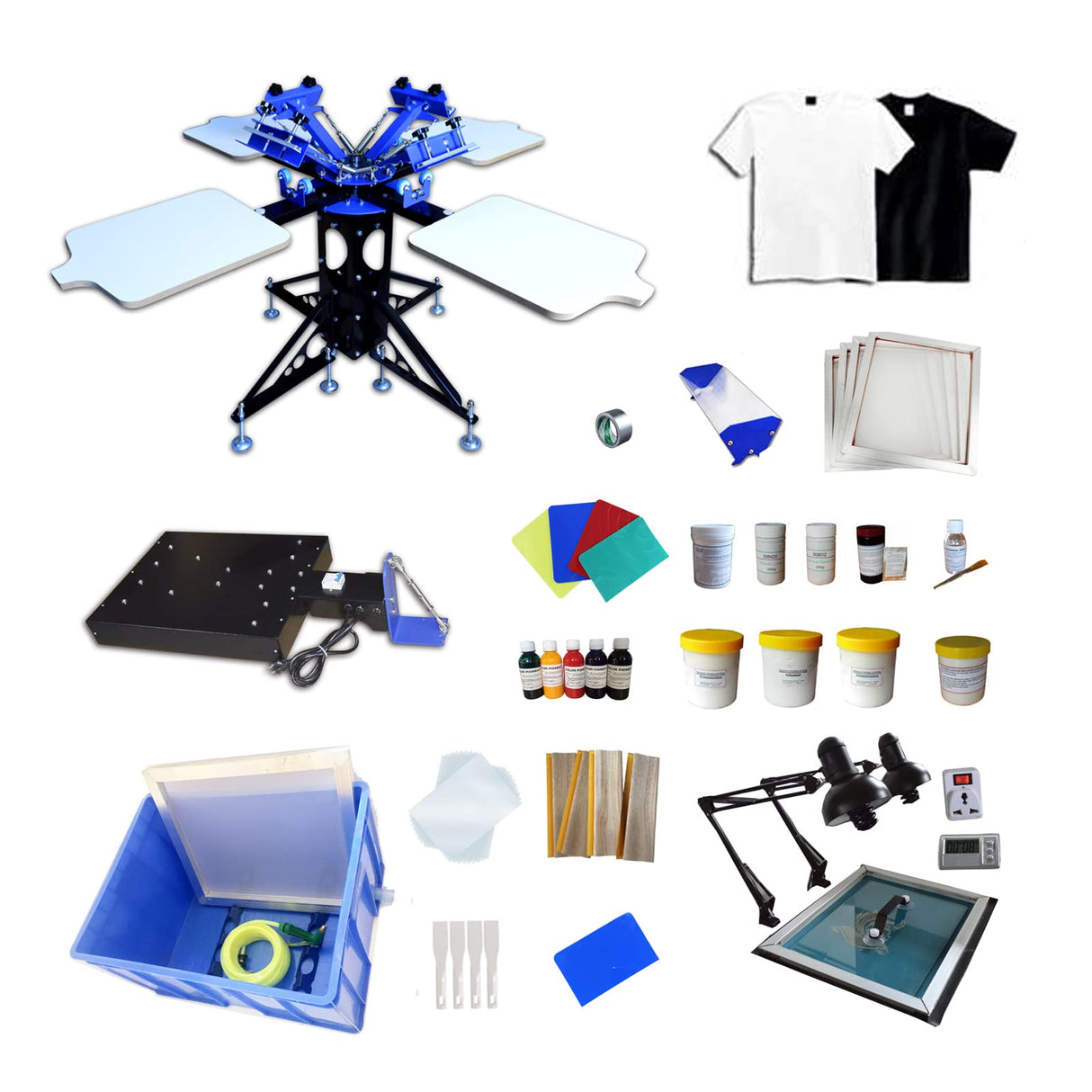 Tianiuseen Screen Printing Kit 3 Color 4 Station Silk Printing Press Equipment with T-Shirt Screen Printer UV Exposure Unit and Flash Dryer for Screen Printing Tianiuseen