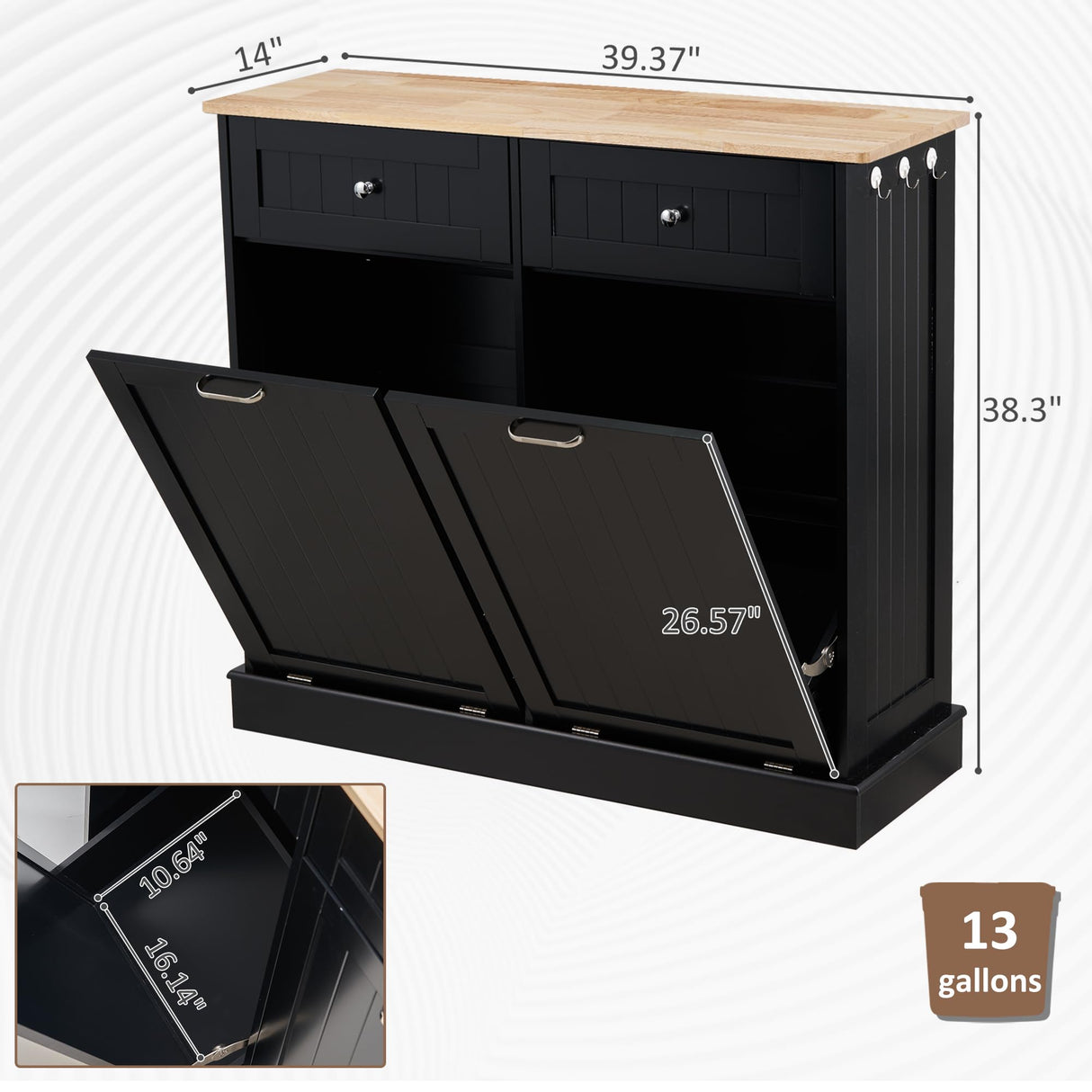 AHB Double Tilt Out Trash Cabinet Kitchen Trash Bin Cabinet 2x13 Gallons Free Standing Recycling Trash Can Cabinet with Hideaway Drawers Pet Proof Trash Can Holder for Kitchen Living Room, Black AHB