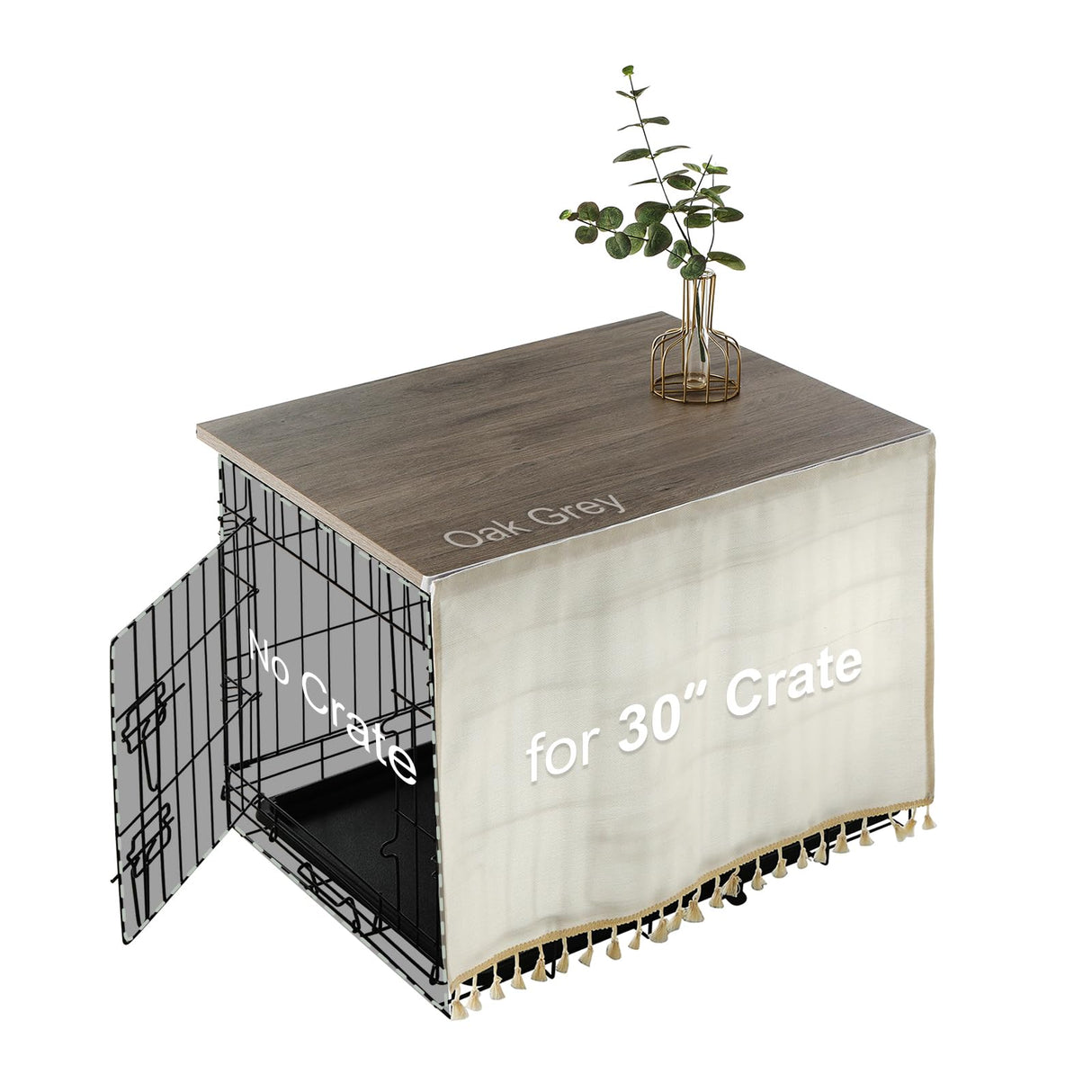 VIE DE AMAN Dog Crate Topper Wood for 48 42 36 24 inch Cages, Dog Crate Table Topper with Tassel Curtain, Rustic Style Dog Kennel Topper, Oak Grey(Dog Crate Not Include) VIE DE AMAN