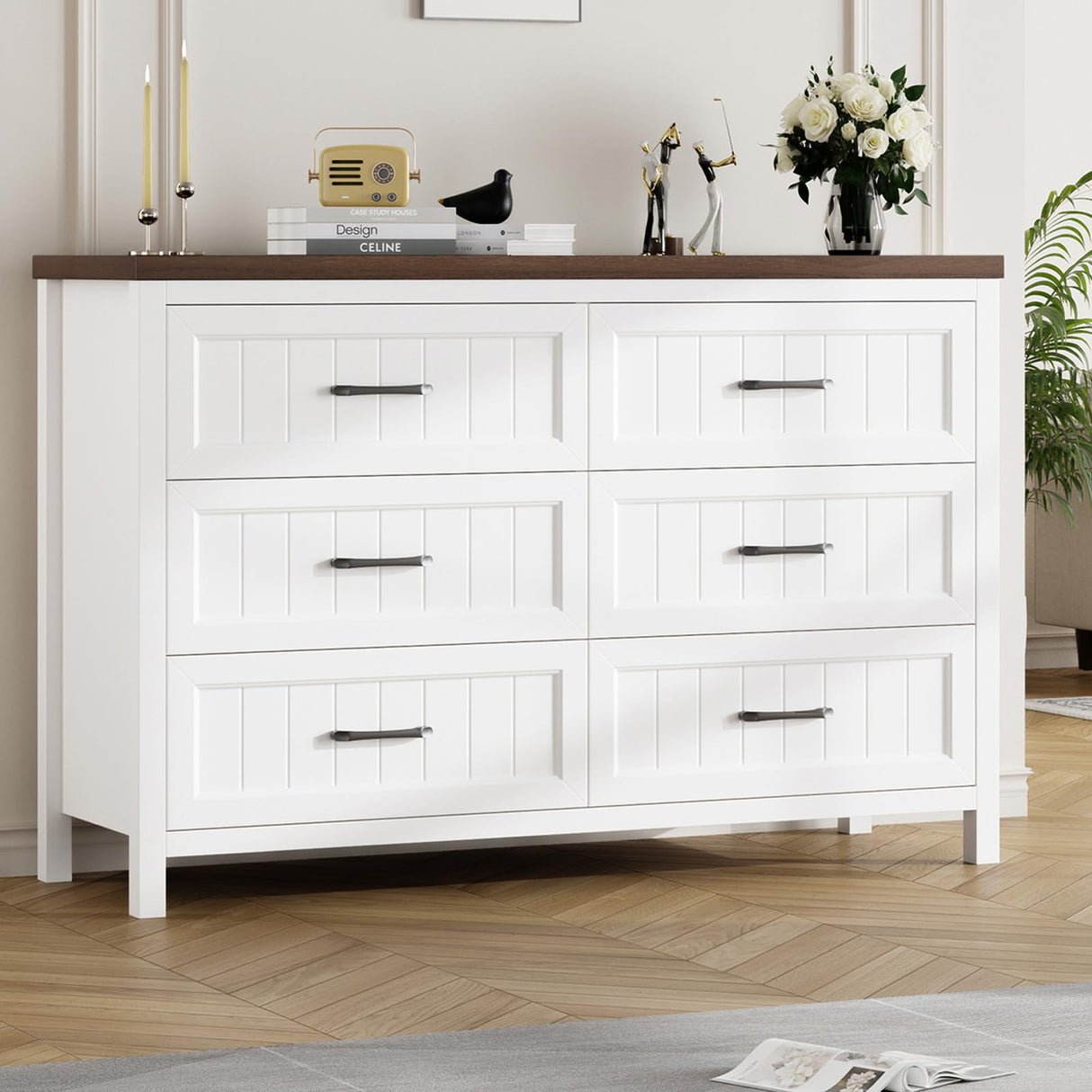 Jocoevol Farmhouse Dresser 6 Drawer Dresser for Bedroom, Large Wooden Dressers Double Grey Dresser with Deep Drawers Dressers for Hallway, Entryway (White and Brown) Jocoevol