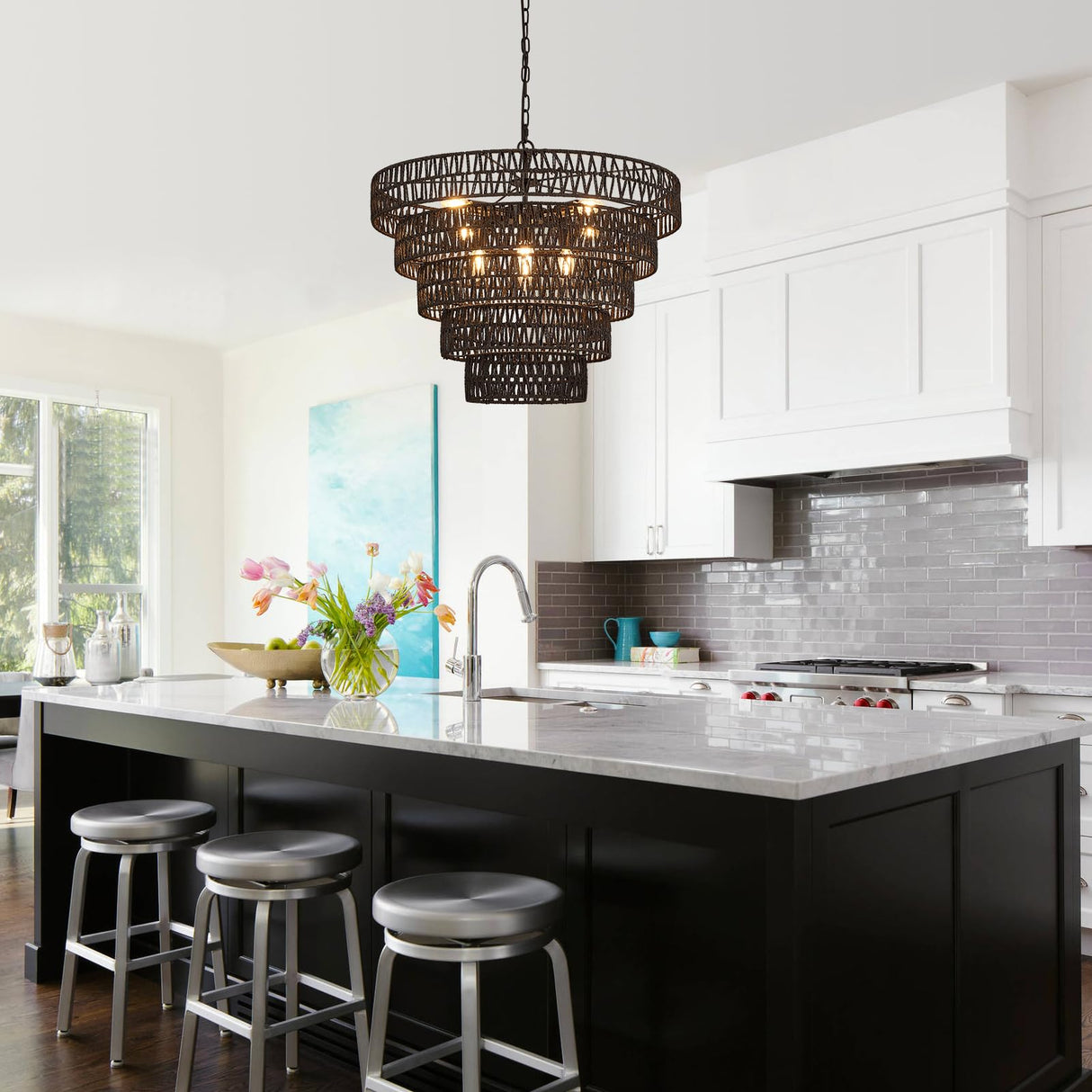 Widluth 25.6” Black Hand-Woven Rattan Chandelier Vintage Farmhouse 8-Lights Boho Large Bamboo Chandelier Light Fixture Retro 5-Tier Drum Wicker Chandelier for Dining Room, Kitchen, Bedroom, E12 Widluth