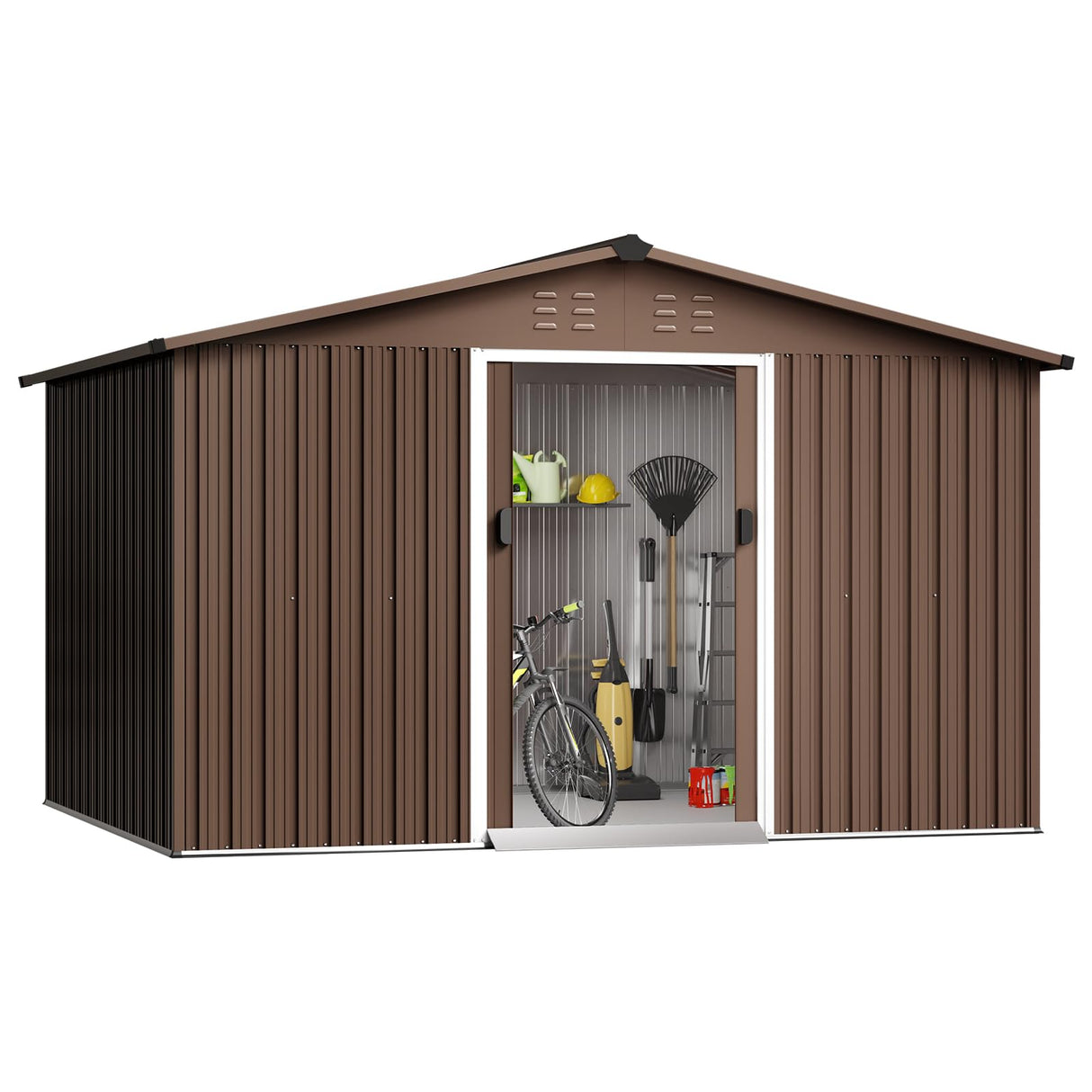 Acekool 8x10 FT Outdoor Metal Storage Shed, Large Garden Tool Shed with Lockable Door and Vents, Waterproof Galvanized Metal Sheds for Tools & Equipment, Garbage Can, Bike, Mower, Brown Acekool