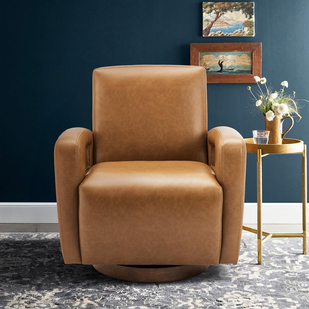 COLAMY Swivel Accent Chair Set of 2, Faux Leather Armchair with Solid Wood Base, Square Back and Soft Cushions for Living Room, Bedroom, Home Office, Small Spaces, Lightbrown COLAMY