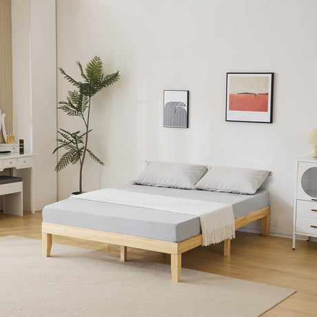 Karl Home Natural Wooden Platform Bed Frame - 12 Inch Queen Size with Slat Support and Easy Assembly Karl home