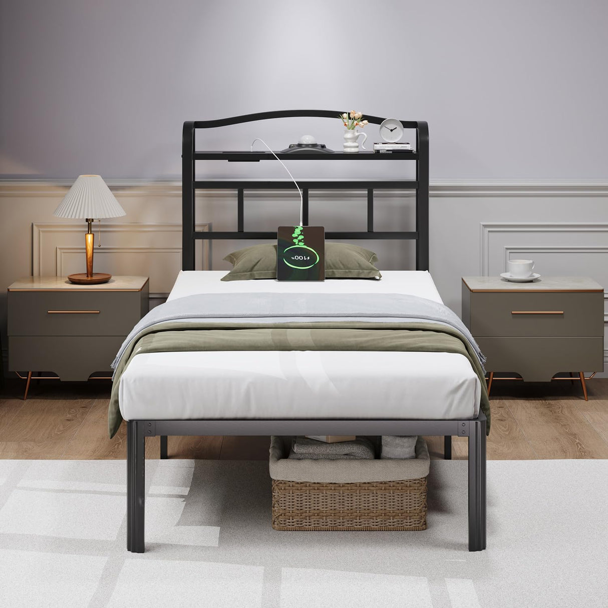 HAVONIZD Twin Size Bed Frame - Storage Headboard with Charging Station & Galaxy Aurora Projector, 14 Inch Sturdy Metal Platform Bed Frame No Box Spring Needed, Easy Assembly, No Noise, Black HAVONIZD