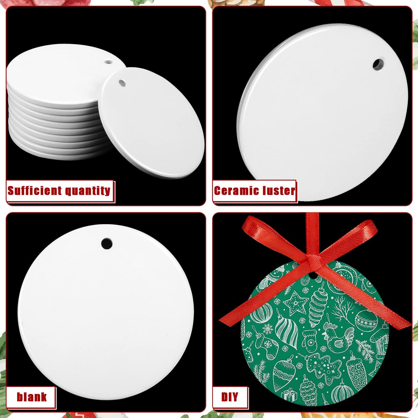 Sublimation Ceramic Ornaments 2.75 Inch Round White Ceramic Christmas Ornaments DIY Blank Hanging Ornaments Ceramic Personalized Tree Ornaments with Red Satin Ribbon (10 Pieces)