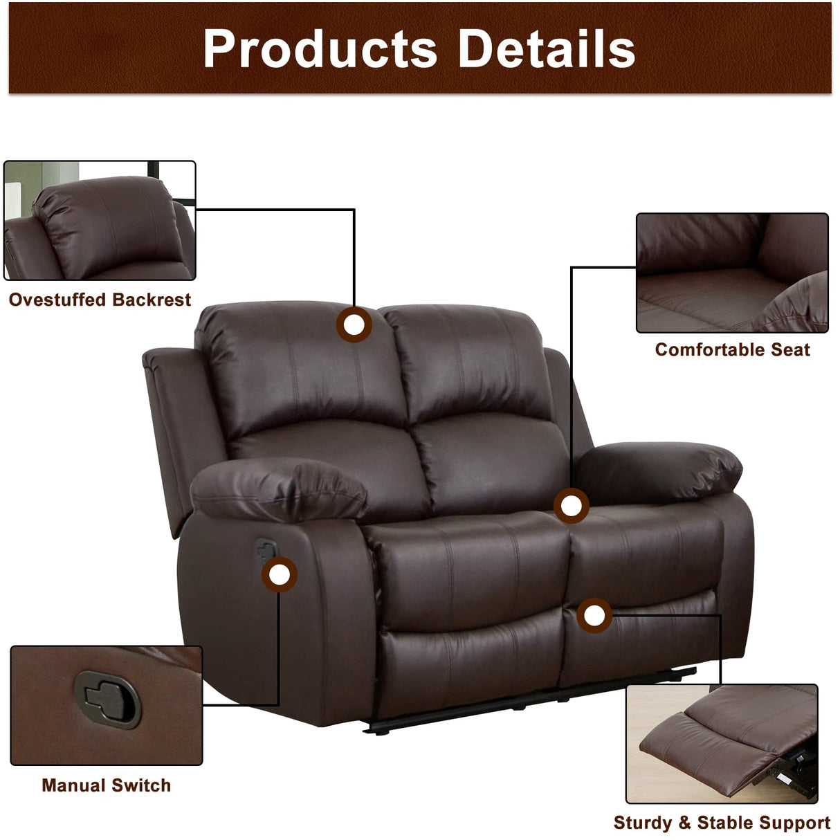 A Ainehome Luxury Recliner Sofa Living Room Set Leather Reclining Sofa and Loveseat Chair Sets Living Room Furniture Sets Recliner Couches for Living Room/Office (A-Brown Leather, Sofa+Loveseat) A Ainehome
