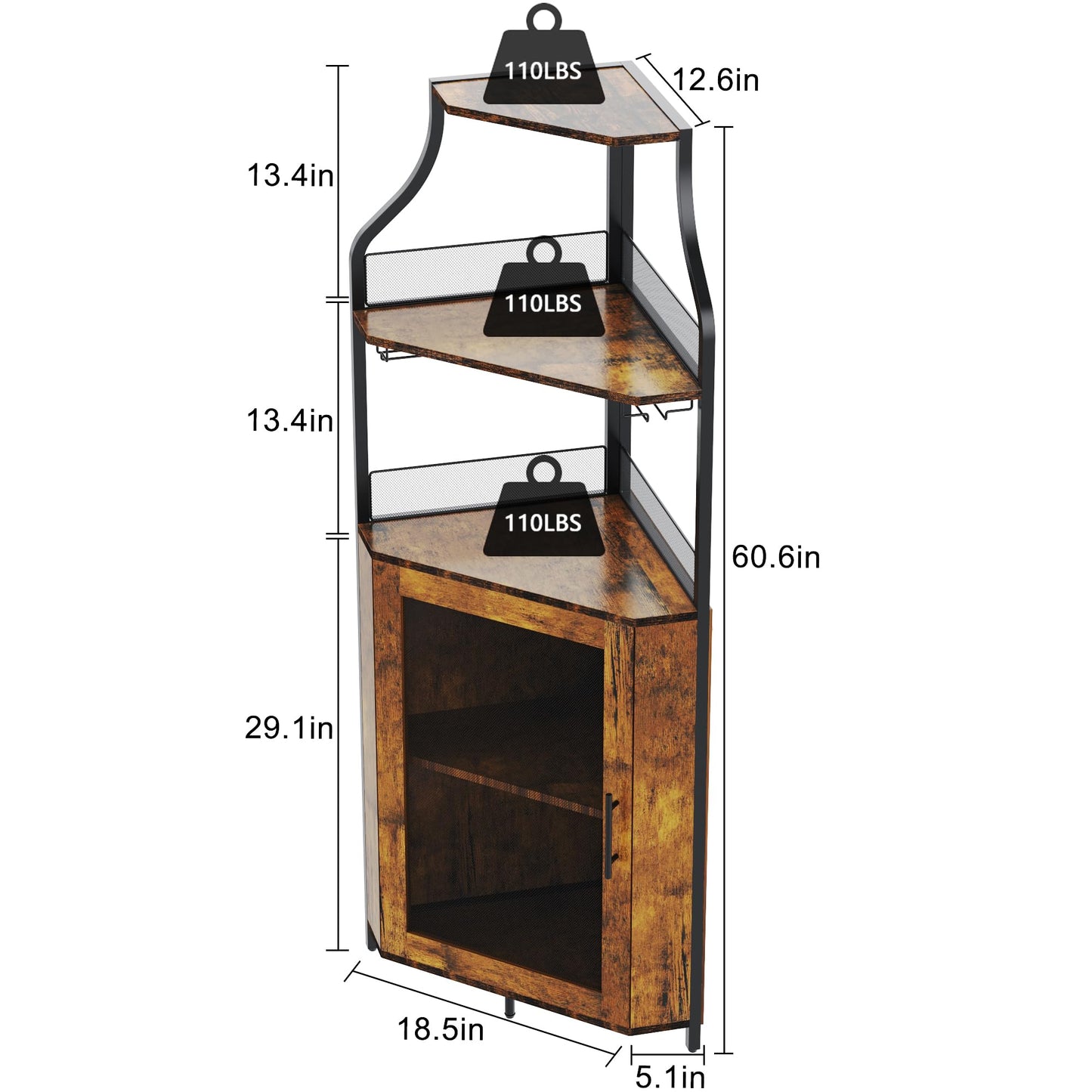 GarveeHome Corner Bar Cabinet with LED Lights, Industrial Liquor Cabinet with Adjustable Shelf, 5-Tier Industrial Wine Cabinet with Glass Holder, Home Bar Cabinet, Coffee Bar Cabinet, Rustic Brown