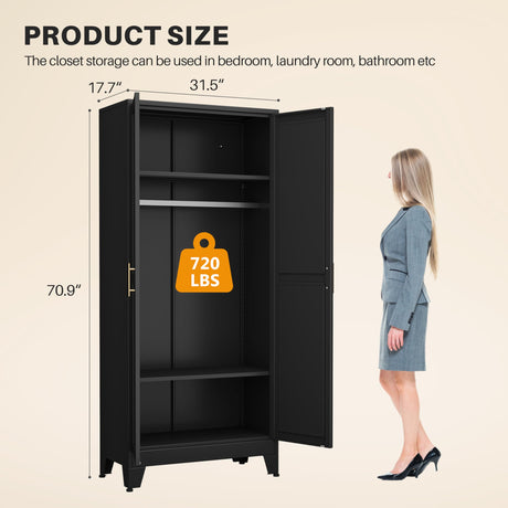 winiowa Metal Armoire Wardrobe Closet with 2 Doors, 71"' Wardrobe Cabinet with Adjustable Shelves and Hanging Rod, Clothing Storage Cabinet Closet for Bedroom-Black winiowa