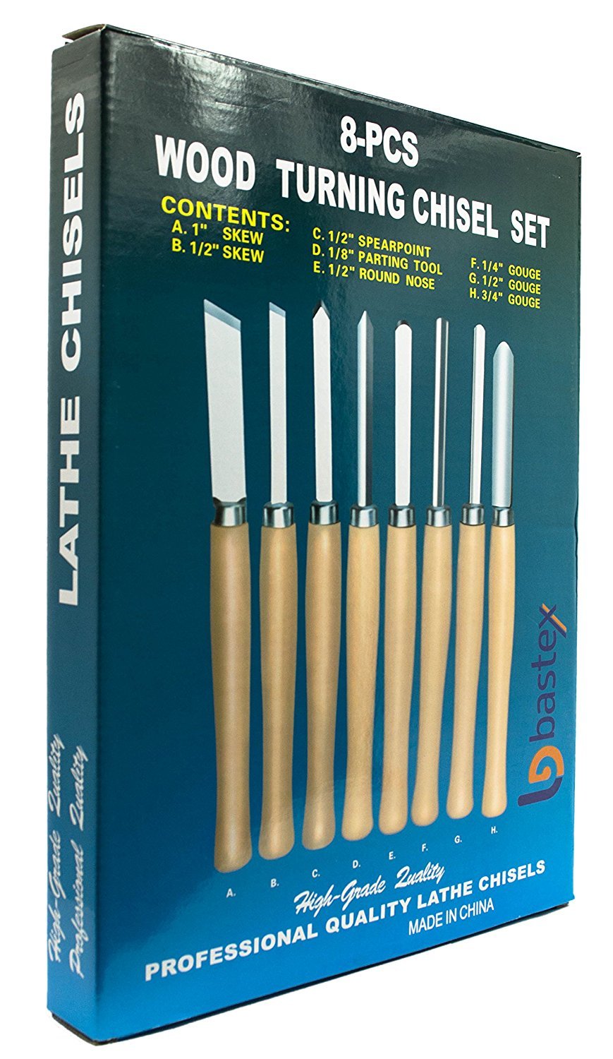 Bastex Professional Quality Wood Turning Chisel 8 pcs Set Included Lathes: 2 Skew 1 Spear Point 1 Parting 1 Round Nose & 3 Gouge Tools for Wood Working Professionals or Hobbyist. Starter Pack Kit Bastex