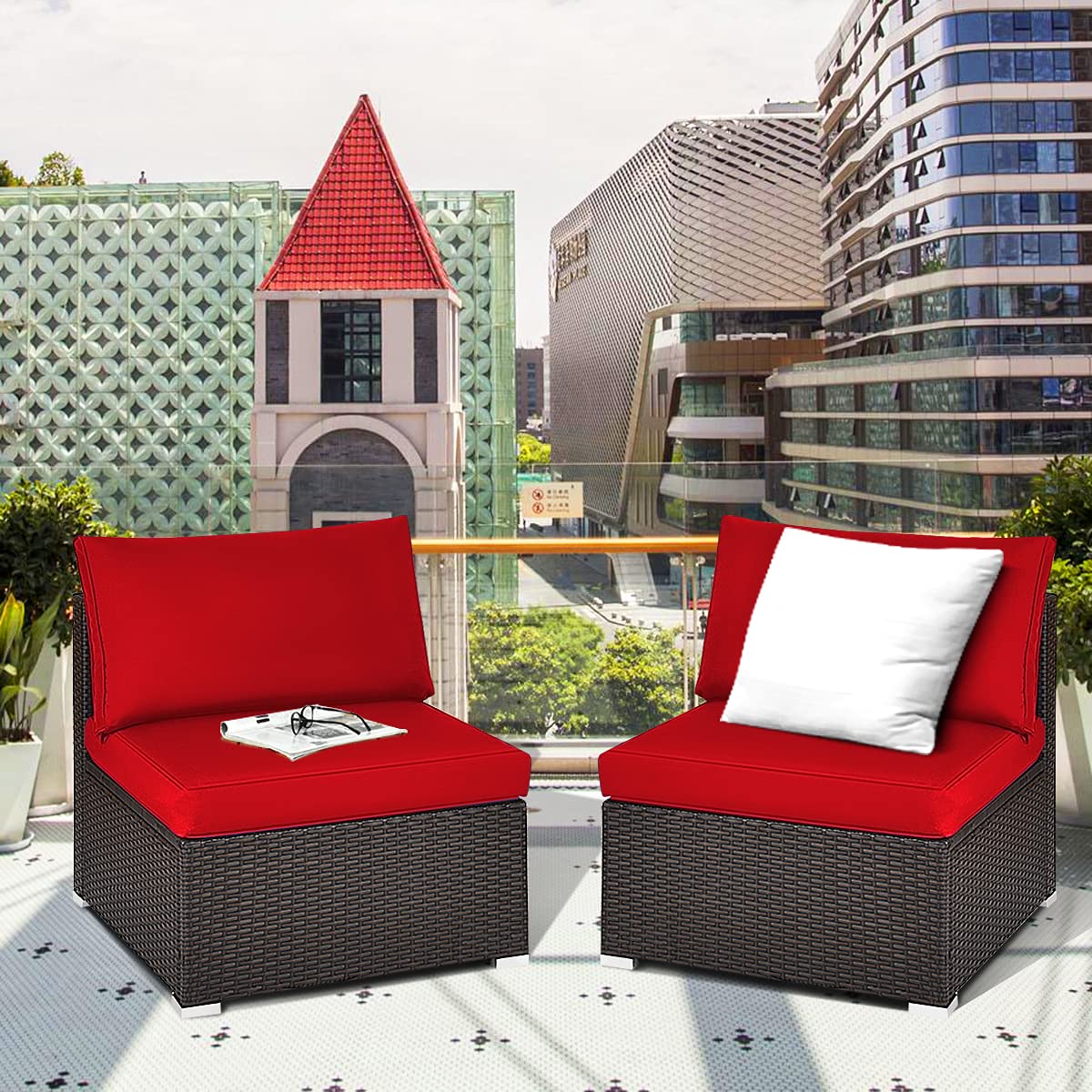 Tangkula 2 PCS Outdoor Wicker Armless Sofa, Patio Rattan Sectional Sofa Set w/2 Thick Seat Cushions and 2 Back Cushions, Additional Seats for Balcony Garden Patio Poolside (Red) Tangkula