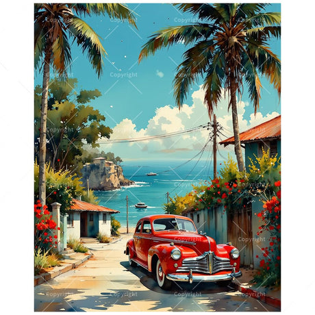 Vintage Car Paint by Numbers Kit for Adults - DIY Red Classic Car on Coastal Road Painting on Canvas 16x20 Inches, Acrylic Paint Set, Suitable for Beginners, Art for Home Decoration or Gifts DecorFriday