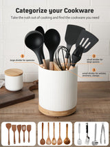 LoeJan 3 Compartment Utensil Holder, 7.2" Extra Large Utensil Crock, Stable Ceramic Utensil Organizer, Cooking Tool Organizer Set for Kitchen Counter Farmhouse Decor LoeJan