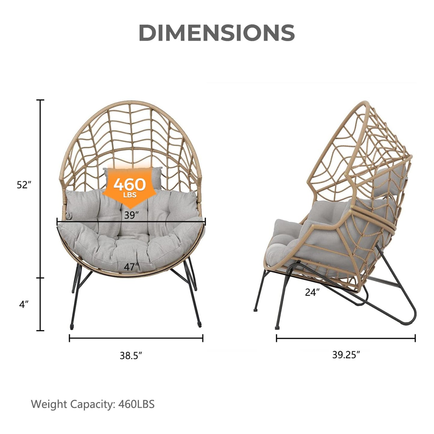 Grand patio Boho Stationary Wicker Egg Chair, Outdoor Wicker Nordic Oversized Egg Chairs with Cushion Backyard Back Porch, Tan