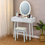 CHARMAID Vanity Set with Lighted Mirror, 3 Modes Adjustable Brightness Mirror, Makeup Dressing Table with Cushioned Stool, 2 Sliding Drawers with Divider, Modern Bedroom Vanity for Girls Women (White) CHARMAID