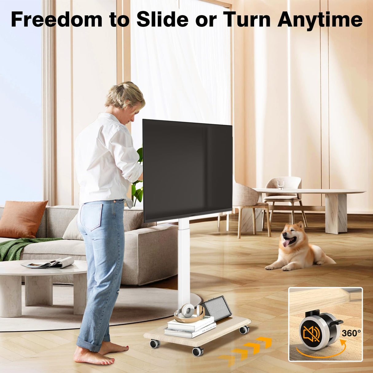 TVON Rolling TV Stand for 32 to 65 70 Inch TVs, Elegant Floor TV Stand with Wheels, Mobile TV Stand with 9 Levels of Height Adjustment for Optimal Viewing, White TV Stands for Living Room, Outdoor TVON