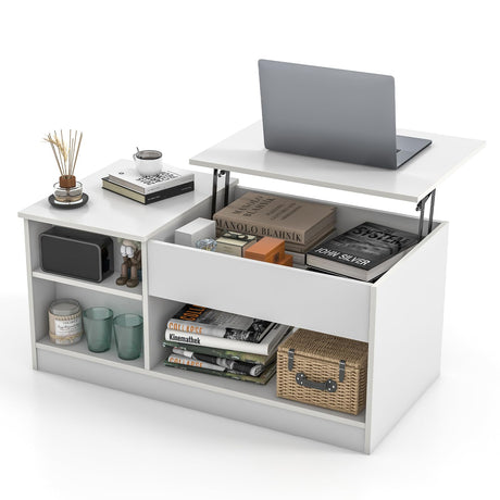 Tangkula White Lift Top Coffee Table, Wood Lift Tabletop Living Room Center Table w/Hidden Storage Compartment, Side Open Shelves & Single Door Cabinet, Modern Cocktail Tea Table for Home Office Tangkula