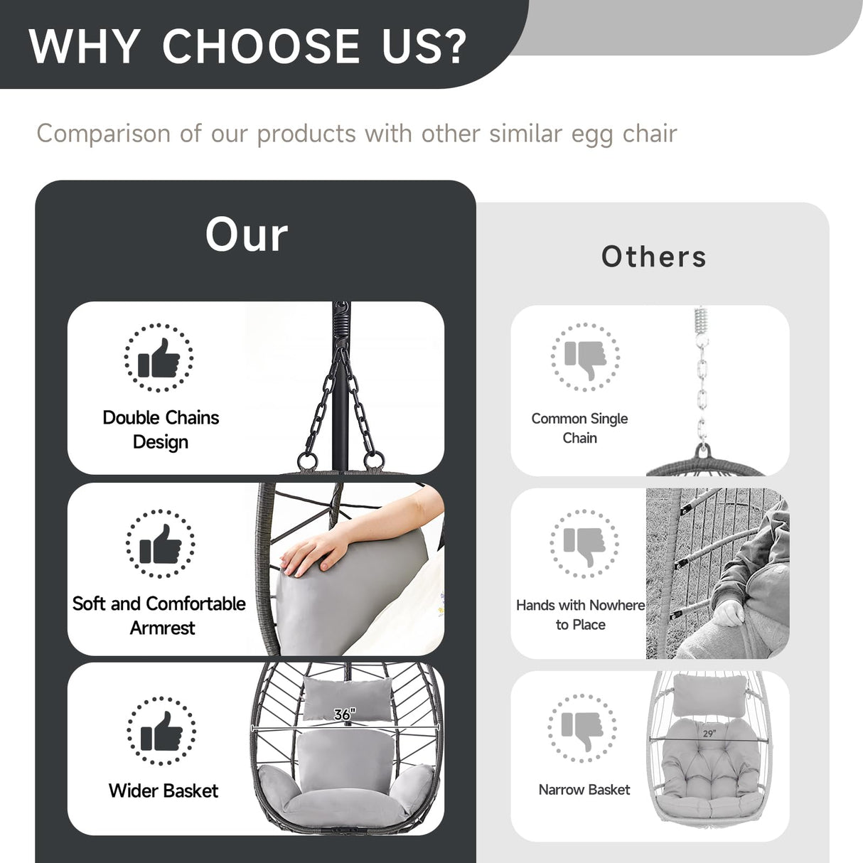 ONBRILL Hanging Egg Chair with Stand, Outdoor Indoor Egg Swing Chair with Cushion Headrest, Rattan Wicker Egg Chair with Dual Chains, 350LBS Capacity for Patio, Porch, Balcony, Bedroom (Light Gray) ONBRILL