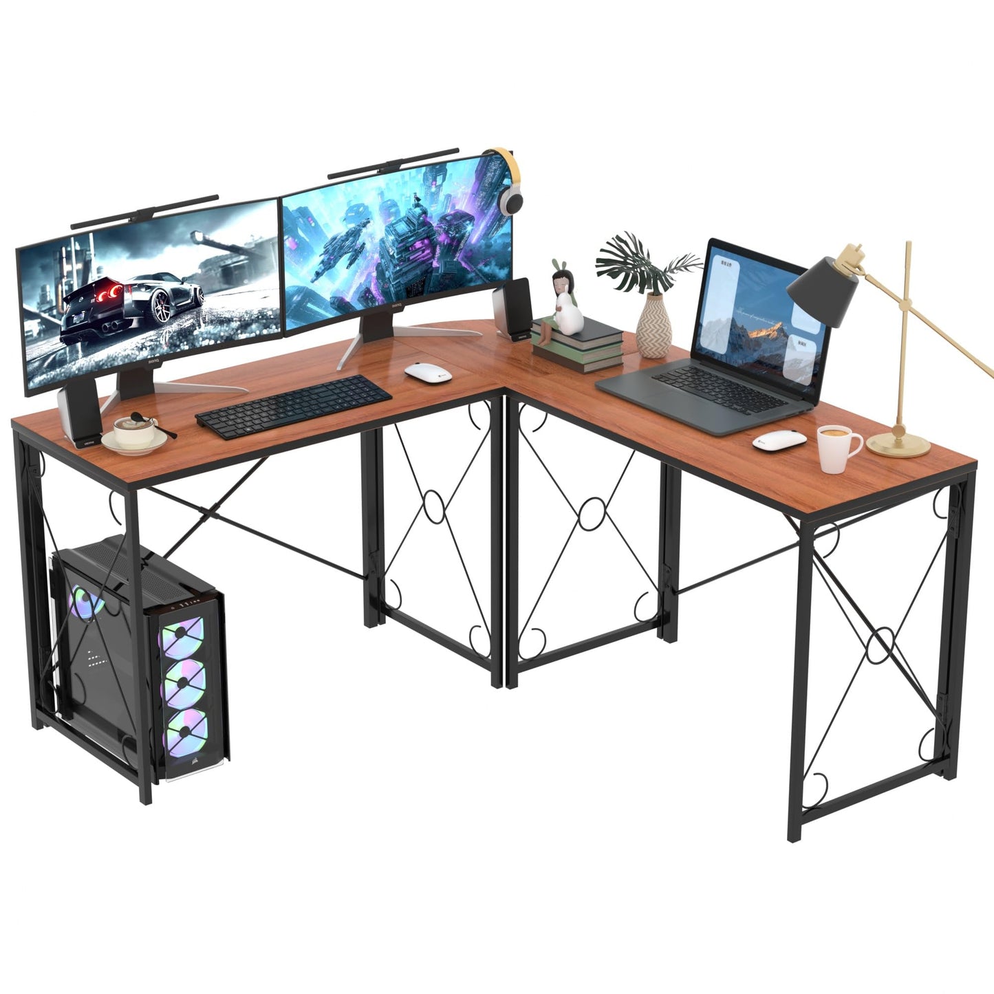 VECELO 59"x59" L Shaped Desk for Computer Gaming Multi-Usage Long 2 Person Table for Home Office Sturdy Writing Workstation, Easy Assembly/Saving Space, Rustic Brown - WoodArtSupply