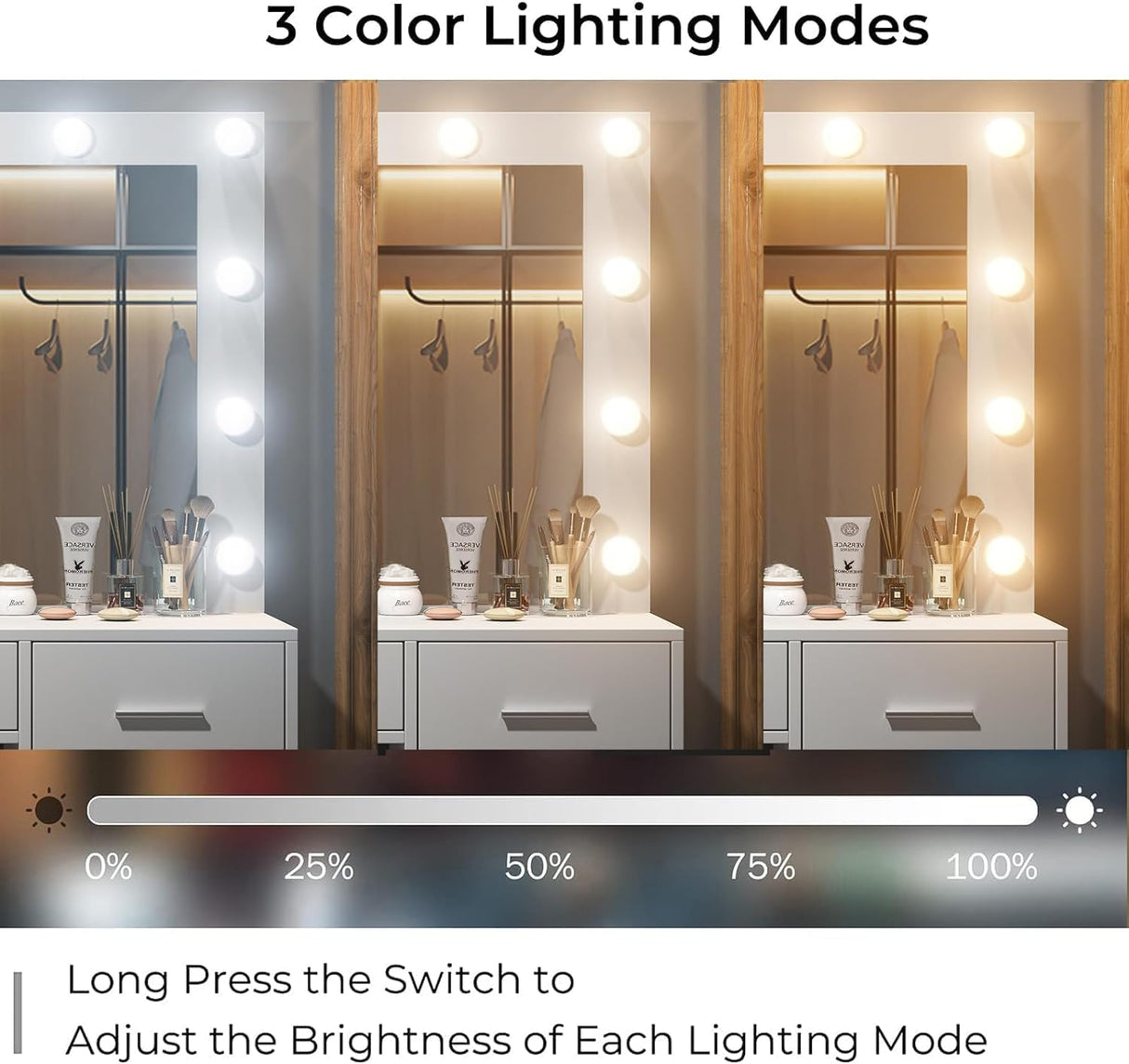 Yanosaku Vanity Desk & Power Outl,Makeup Vanity with Mirror and 11 LED Lights, Makeup Table with 5 Drawers,Vanity Table with Chair,Vanity Set 3 Lighting Modes Brightness Adjustable for Bedroom, White Yanosaku