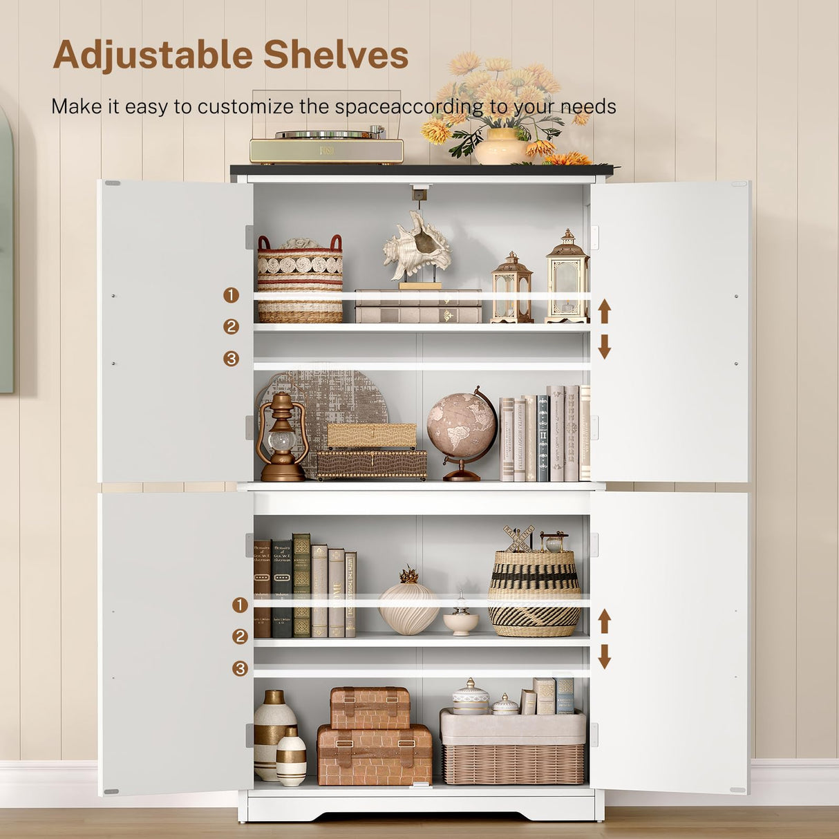 TEENFON Farmhouse Storage Cabinet with 2 Adjustable Shelves, Bathroom Cabinet with 4 Doors, Kitchen Cabinets, Cupboard for Kitchen, Living Room, White TEENFON